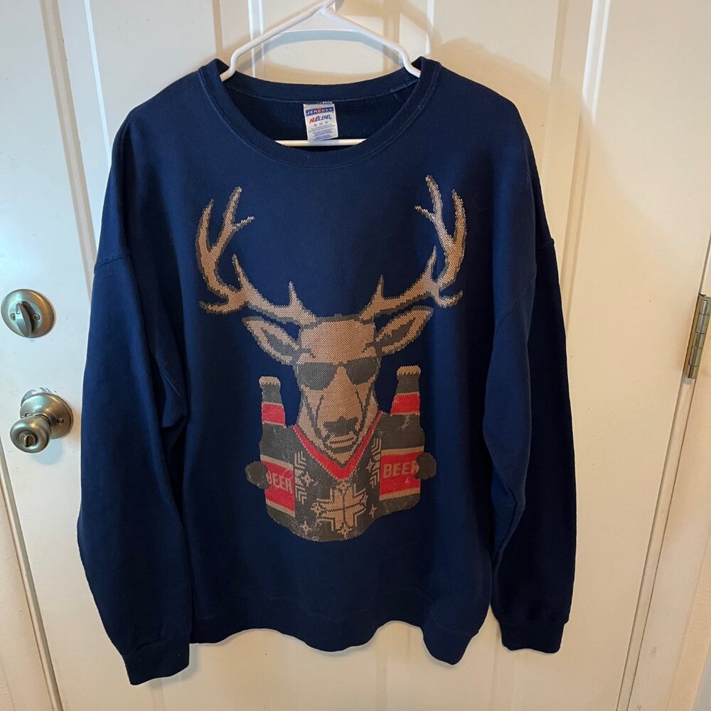 Men's Crew Neck Sweat Shirt - XL - Beer Reindeer - BrewDolph Long Sleeve
